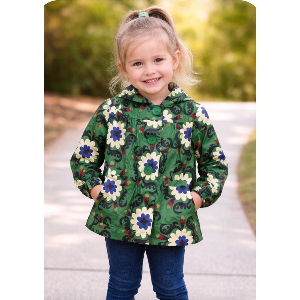 Baby Gap Toddler Girls Green Floral Hooded Rain Jacket Fleece Lined Size 2 Years